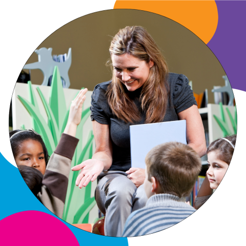 teacher presenting storytime to a group of kids