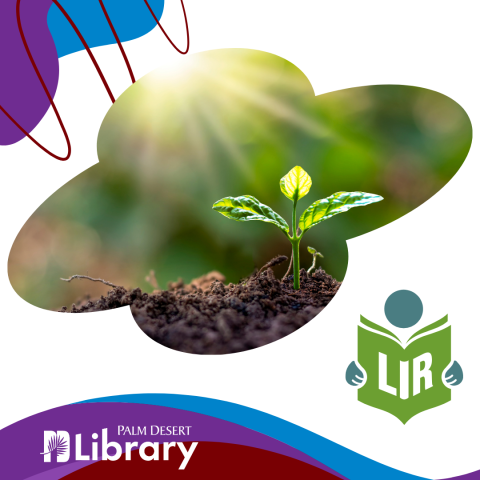 library logo, image of plant growing with sunlight behind