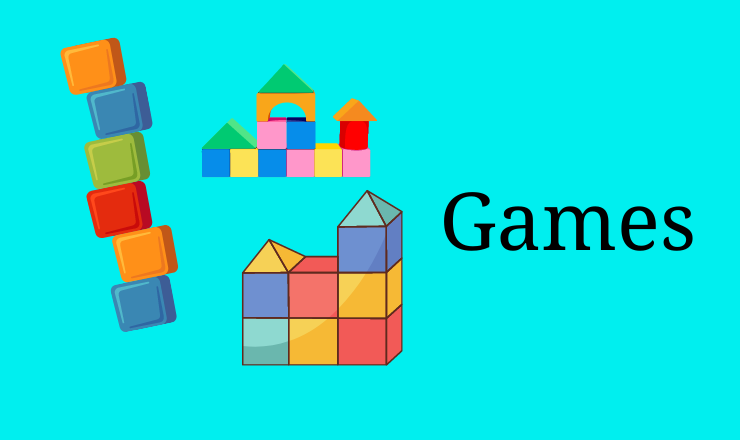 cyan background with word Games. magna tiles, blocks and foam block castle on the image.